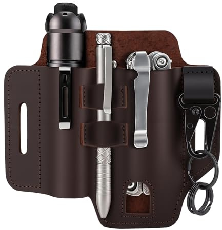 EDC Multitool Sheath for Belt,Leather Belt Pouch with Pen,Flashlight,Keychain Clip,Knife Leather Sheath for Men,Multifunctional Organizer Sheath for Daily Use,Gift,and Work (Brown, B)