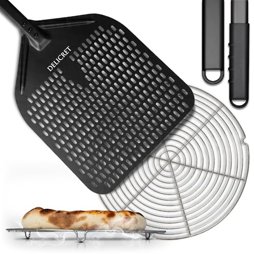 DELICRET Pizzaschieber perforiert 35x35 cm mit Abkühlgitter aus Aluminium | Ideal für Pizzaofen & Grill – perforierte Fläche für knusprige Pizza und einfaches Aufnehmen und Servieren.
