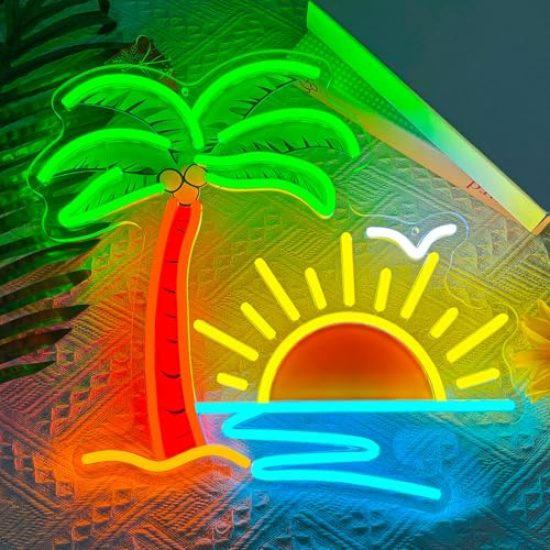Cartello luminoso al neon con alba tropicale, dimmerabile, palma, luce al neon, alimentato da USB, albero di cocco marino, cartello luminoso LED, stampa UV, oceano, spiaggia, arte murale, cartelli