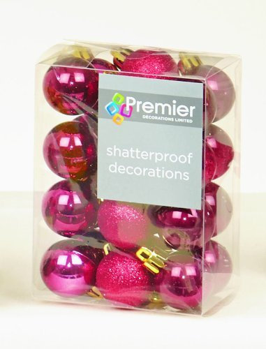 24 Mini Shatterproof Christmas Tree Baubles - Cranberry Colour / Dark Pink - Glitter, Matt & Shiny Design