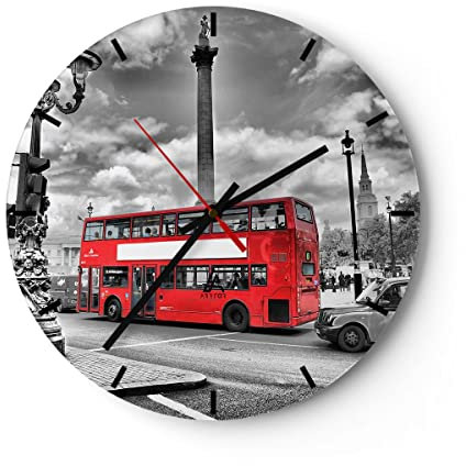 Modern Wanduhr Trafalgar Platz Taxi London 40x40cm Rund Groß Wand Uhr Glas Analog Zimmeruhren Küche Büro Wohnzimmer Glasuhr Wall Clock Dekoration Design Wanddekoration Küchenuhr C3AR40x40-0488