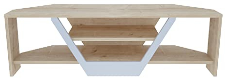 DECOROTIKA Sares Meuble TV d'angle Moderne avec étagères de Rangement Ouvertes pour Salon, Chambre à Coucher, Meuble TV – Chêne Saphir et Blanc