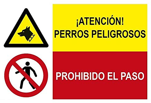 MovilCom® - Adhesivo combinado ¡PELIGRO! PERROS PELIGROSOS/PROHIBIDO EL PASO 600X400m señal informativa (ref.PRD4300243)