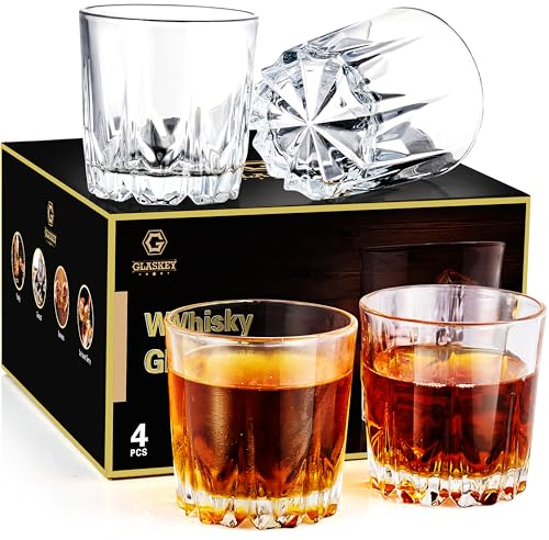 GLASKEY Whisky Gläser, 300ml Bleifrei Kristall Tumbler 4er Set, Whiskey Glas für Cocktail Rum Wodka Scotch Gin Cognac Wasser Spülmaschinenfest