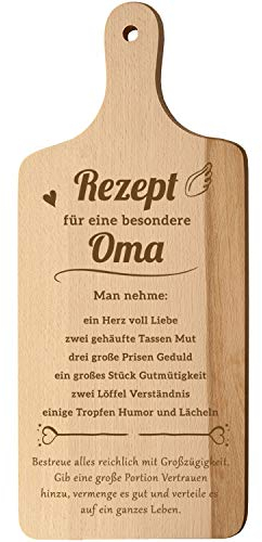 Spruchreif · XL Schneidebrett mit Griff und Öse · Küchenbrett aus Holz mit Gravur · Rezept Oma · Geschenk für die Oma · Geburtstag (Rezept für eine besondere Oma)