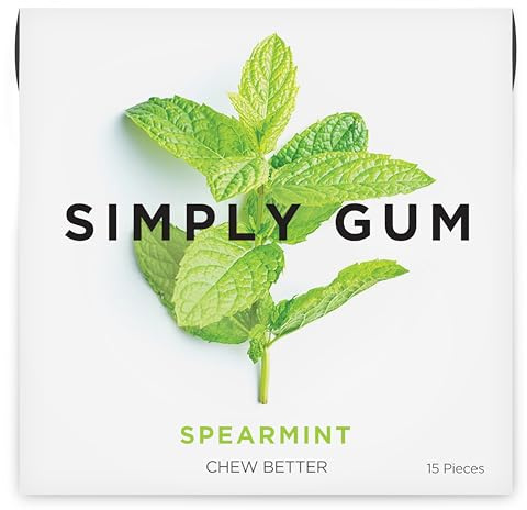 SIMPLY Gum Spearmint, Plastic-Free Natural Chewing Gum, Pack of One (15 Pieces Total) | Vegan, Kosher, Non GMO, Aspartame Free and Sorbitol Free