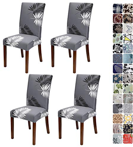 JOTOM Stuhlhussen Universal Stretch Stuhlbezug Elastische Moderne Stuhl Hussen Set Abnehmbare Dekoration Stuhlabdeckung für Esszimmer Party Hotel Restaurant Deko (Grau Weiß Blätter, 4er Set)