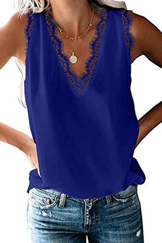 Bequemer Laden Femmes Dentelle Garniture col en V Cami Débardeurs Casual lâche Chemises sans Manches Chemisier,M,Bleu Royal