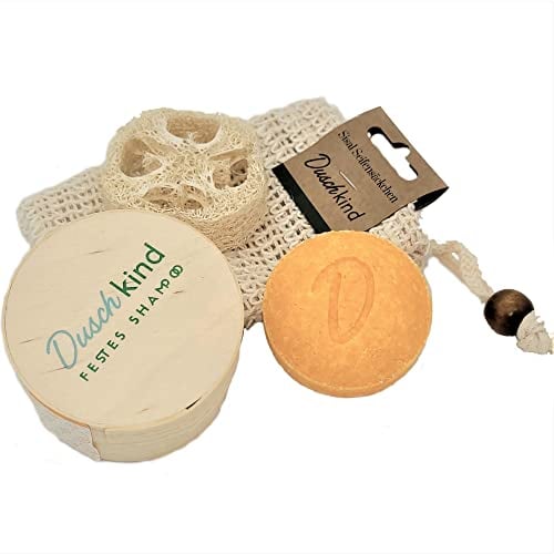 Duschkind Shampooing solide à la mangue et à l'avocat 4 en 1 - Kit avec sachets en sisal + tampon luffa - Shampoing gel douche et crème de rasage - Pour cheveux normaux et bouclés - Végétalien sans