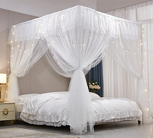 VETHIN 4 Ecken Pfosten Rüschen Prinzessin Bett Baldachin Vorhang, 4 Öffnungen Moskitonetz für Mädchen Erwachsene Schlafzimmer Dekoration (Weiß/Weiß, 149.9 cm Bx208.3 cm Lx208.3 cm HxH) /(Queen)