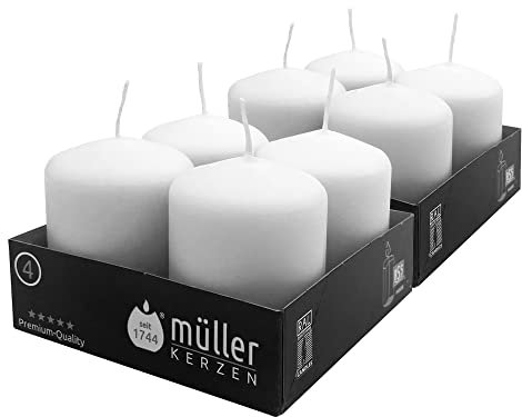 Müller Stumpenkerzen - Set mit 8 Säulenkerzen - Farbe Weiß - 48 x 62 mm - Lange Brenndauer: 10 stunden - Tropffrei Wachskerzen, Unparfümierte - RAL Qualität