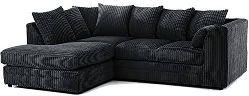 New Fabric Corner Sofa Black | Soft Jumbo Cord 3-4 Seater Corner Sofa (Black, Left Hand Facing)