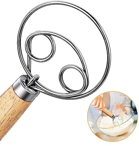 Batidor de masa danesa, Batidor de masa danesa de 13 pulgadas holandés batidor de huevo bate de masa danesa batidor con mango de madera batidor 304 alambre de acero inoxidable para hacer pan