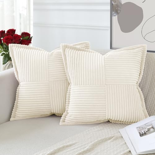 Artscope 2er Set Kordsamt Kissenbezüge Samtkissen Weich Dekokissen Dekorativ Kissenbezug Modern Kissenhülle Umwickelte Kante Sofakissen für Wohnzimmer Schlafzimmer Creme Beige, 60x60cm