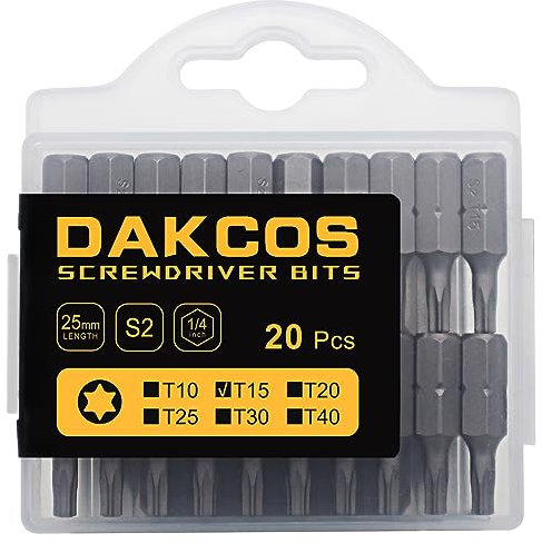 DAKCOS T15 Torx Bit, 20PCS Impact Driver Bits, 1/4 Screwdriver Bit Sets, Premium S2 Alloy Steel Bits, 25mm Long