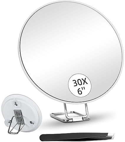 Vergrößerungsspiegel 30X, 6inch großer Schminkspiegel mit 30X Vergrößerung, 3 Saugnäpfe und 360° Verstellbarer Ständer für Hand-, Tisch- und Wandmontage, kompakter Reise-Lupenspiegel mit Pinzette