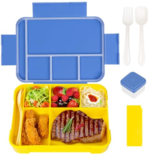 Brotdose Kinder mit 6 Fächern,1330ml Lunchbox Erwachsene,Leak-Proof Bento Box,Cutlery Set mit Besteck,BPA-freie Jausenbox / Vesperbox / Brotzeitbox für Kinder , Microwave Safe for School, Work, Picnic