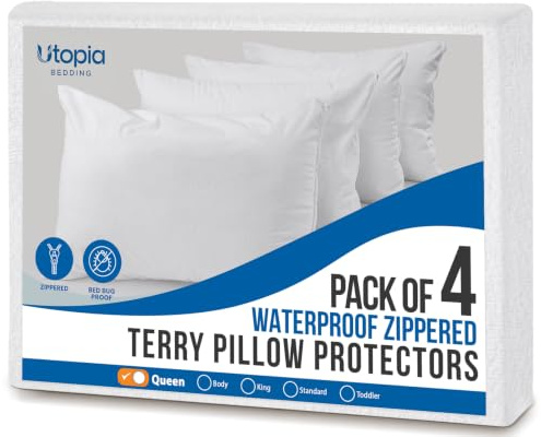 Utopia Bedding Waterproof Pillow Protectors with Zipper Queen Size (4 Pack), Terry Pillow Covers, UB3622 | Utopia Bedding Pillow Covers, Bedbug & Dust Mite Proof Pillow Cases, Moisture Wicking, Airy & Machine Washable Encasements
