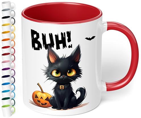 True Statements Halloween Keramik-Tasse „BUH! Schwarze Katze“ – ca. 330ml –Kaffeebecher mit Spruch, kleines gruseliges Geschenk (Rot)