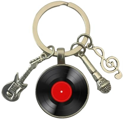 Porte-clés DJ disque vinyle rouge - Porte-clés pour clés avec disque vinyle de tourne-disque, clé de soleil, microphone et guitare électrique - Cadeau pour les amateurs de musique - Porte-clés