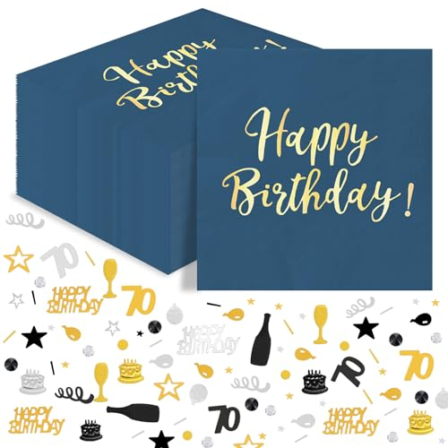 70 Geburtstag Tischdeko, 40Stück Happy Birthday Servietten Blau Gold + 15g 70. Geburtstag Konfetti Schwarz Gold, 70er Geburtstag Papierservietten Konfetti Tischdeko für Mann Frau