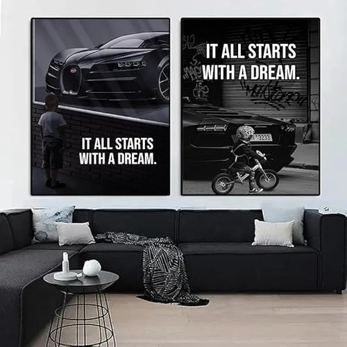 Motivation Zitat Poster Leinwand Malerei Es beginnt alles mit einem Traum Wand Kunst Bild für Kid Room Home Dekoration Kein Rahmen-B_30x40cmX2