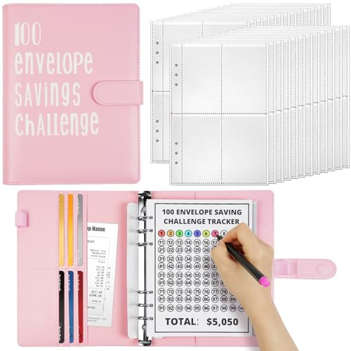 OFFCUP 100 Envelope Challenge Binder, A5 Budget Planner, Money Challenge Binder, Sparbuch mit Geldumschlägen, Cash Envelopes Money Saving Binder, 100 Tage und Sparen Sie 5.050