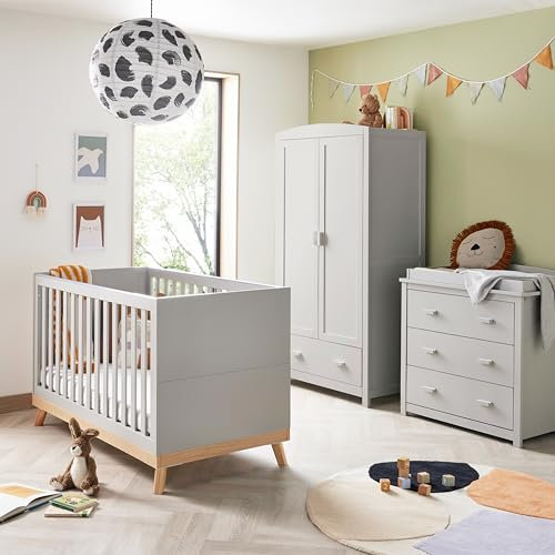 Babymore Mona 3 Piece Nursery Room Set Grey - 1 Baby Cot Bed & One 2 Door Wardrobe Having Full Size Drawer & 1 Chest Changer, Chest Of Drawer Storage Cabinet With Removable Changer Top | 3 Piece Set