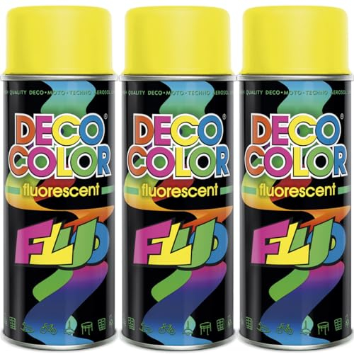 Deco Color 3er Sparpack Lackspray Neon GELB 400ml - fluoreszierender ACRYL - Sprühlack in leuchtenden Farben (3 Dosen 400ml Neon Gelb)