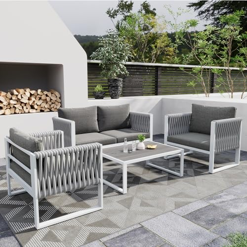 HAUSPROFI Garten Lounge Set 4er-Set mit verzinktem Eisenrahmen, Gartenmöbel-Set aus Seil, Lounge-Set aus dickem Seil mit Sitzkissen, alle Kissen im Lieferumfang enthalten, Mit WPC-Tisch