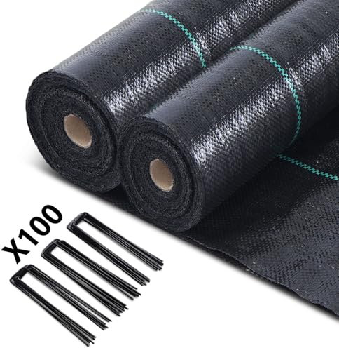VOUNOT® Unkrautvlies 2x50m mit 100 Bodenanker, Reißfestes Gartenvlies Wasserdurchlässig, Mulchfolie für Garten, Hochbeet und Terrasse, Premium Unkrautfolie 100g/m²