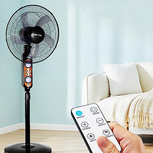 KJZQXYX Portable Solar Pedestal Fans, 5 Blades Solar Panel Floor Fan w/Remote & Light, 16″ Adjustable 4 Speed Oscillating Stand Fan