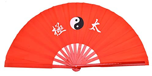Akozon Performance-Grade Tai Chi Training Fan, Martial Arts Kung Fu Silk and Bamboo Dance Fan, Light Red Rib Elegant Design, Suitable for Martial Arts Practice and Dance (red rod