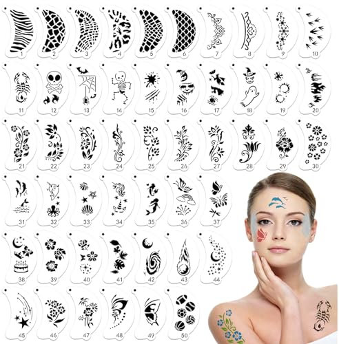 OOTSR 50 Stk Tattoo-Schablonen für Kinder und Erwachsene, Wiederverwendbare Schablone für Gesicht und Körper, Kreativität Tattoo für Halloween Schminke Partys