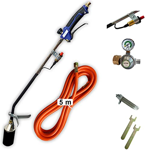 Abflammgerät 69 kW MIT PIEZOZÜNDUNG Unkrautvernichter mit Druckminderer mit Manometer und Gas-Füllstandsanzeige, Dachbrenner Anwärmbrenner Anzünder