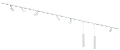 Qub Focus III 1-Phasen Led Schienensystem Komplettset - 400cm - Set 6 Spots und 2 Pendelleuchten - 4x 1m Schienen - I-Form - GU10 & LED-Kompatibel - Erweiterbar & flexibel - Spot lampe - Weiß