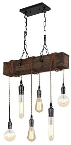 SEEBLEN 6-Lights Farmhouse Kitchen Island Pendant Light, Rustic Wood Chandeliers for Dining Room,Height Adjustable Island Light,Dining Room Bar Restaurant Cafe Pool Table.