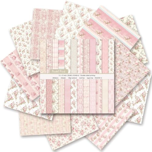 24 Sheet Scrapbook Paper, 12x12 Inch Double Sided Paper, Pastel Pink | Floral Pastoral Design, 24 Patterns, 160gsm Paper, for Scrapbooking, Junk Journaling, Card Making, Paper Craft Supplies