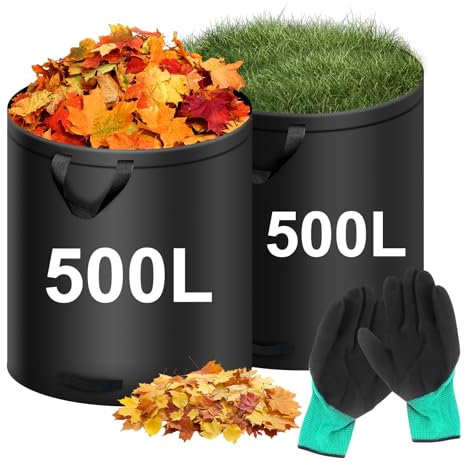 2X 500L Gartenabfallsack, Wiederverwendbare Gartensäcke mit Griffen, Selbststehend, Wasserdicht, Gartensack, Laubsäcke Faltbar inkl.Handschuhe, Laubsäcke Groß Stabil,für Gartenabfälle und Grünschnitt