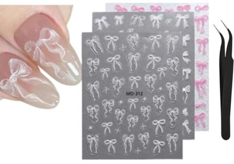 3 Sheets Bow Nail Art Stickers Self-Adhesive Bow Nail Decals White Pink Nail Decals for Nail Nail Art Design Decoration Accessories DIY Manicure for Women Girls (3 Sheets Bow Nail Art Stickers)