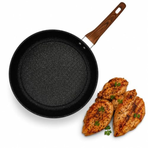 STL Frying Pan, Non Stick Frying pan with Wooden Handles (28cm) Suitable for Induction, Electric and Gas Hobs, Stone Frying Pan,Anti-Scratch Pans