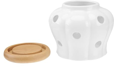 Runde Keramik Aufbewahrungsdose mit Deckel für Knoblauch und Ingwer | Behälter mit Deckel, Runde Keramikgefäße zur Aufbewahrung, 12 Luftöffnungen, Weißes Küchengefäß
