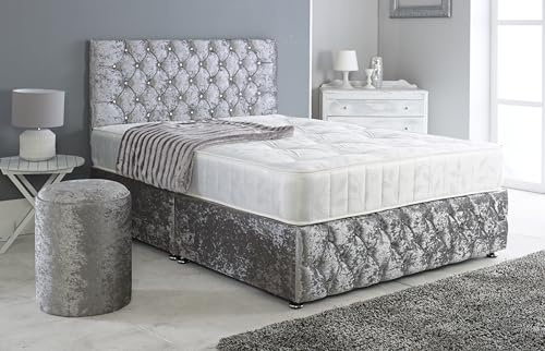 Adore Living Chesterfield Crushed Velvet Divan Bed Set - Headboard, Footboard & Mattress - Storage Bed (Grey, 5ft Kingsize - No Drawers)