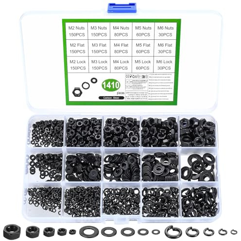 1410 Pcs Carbon Steel Hex Nut & Flat Washer & Spring Washer Assortment Set, M2 M3 M4 M5 M6 Lock Nuts, Split Washers, Metric Hardware Kit (Black)