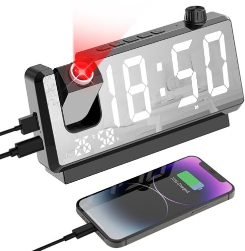 Cuteefun Sveglia con Proiettore Soffitto, Sveglia Digitale da Comodino, Grande Display LED da 7, Doppio Porta USB, Temperatura e Umidità, 3 Livelli Luminosità, 12/24H, Doppia Allarme, Snooze, Nero