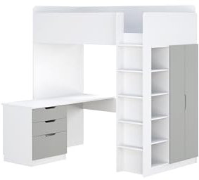 Shefa Kids Hochbett Mit Schreibtisch - Platzsparendes 5-in-1 Hochbett Kinder Mit Treppe, Kleiderschrank, Regal & Arbeitsbereich - Grau, Belastbar Bis 90 Kg, Maße: 206 x 107 cm