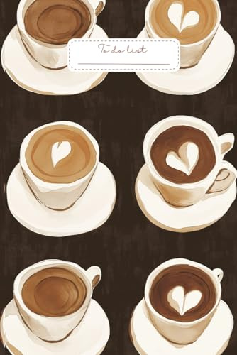 Latte Art Diary To Do List: A cozy and stylish to do list cover featuring an arrangement of coffee cups with latte art hearts on a rich dark brown background.