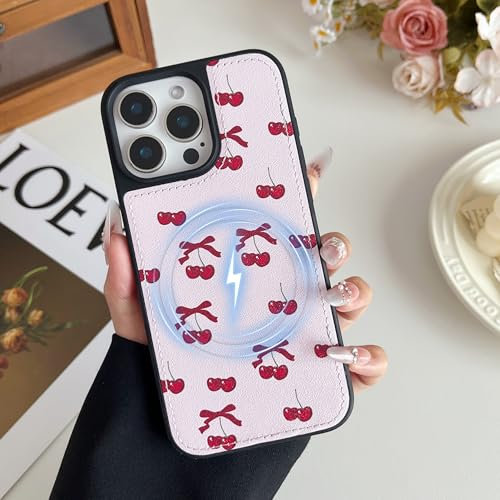 ZCDAYE Case for iPhone 15 Pro Max Compatible with Magsafe, Leather Cute Printed Phone Case Aesthetic Pattern for Women Girls, Durable Bumper Shockproof Phone Cover for iPhone 15 Pro Max,Cherry Bow