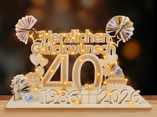 ARTREE 40 Geldgeschenke Geburtstag Frau Mann, 2026 Holz Schild Gästebuch mit LED Lichterkette, Personalisiertes Geschenke zum 40 Geburtstagszahlen, 40 Rubinhochzeit Tischdeko, Herzlichen Glückwunsch