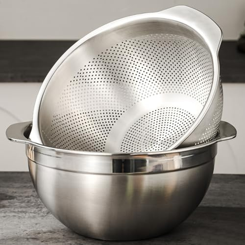 Mikrowellensieb aus 18/8 Edelstahl, 3,5 l, großes Fassungsvermögen, mit Griff, Küchensiebkorb zum Waschen von Gemüse, Obst, Reis und Nudeln (Primärfarbe, 3,5 l Sieb + 3,5 QT Rührschüssel)